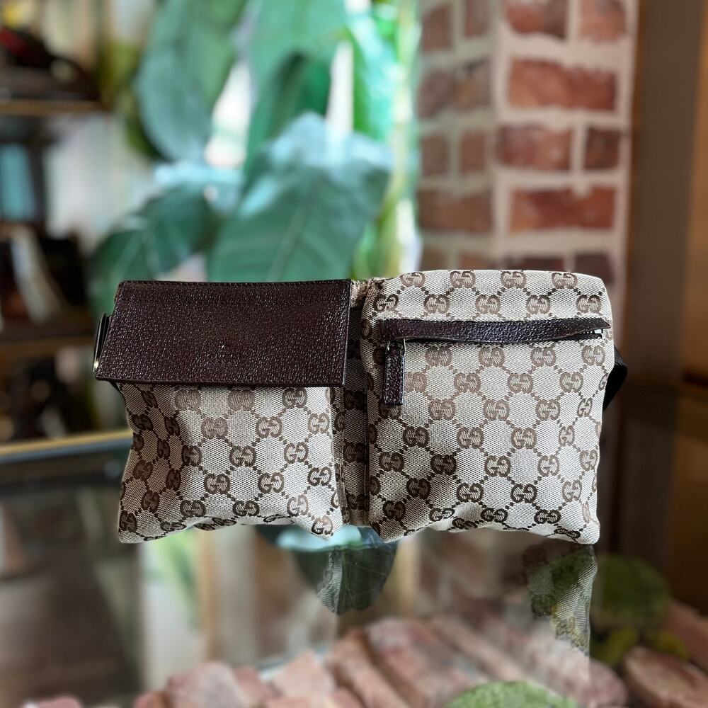 GUCCI Beige GG Monogram Canvas Double Pocket Belt Bag